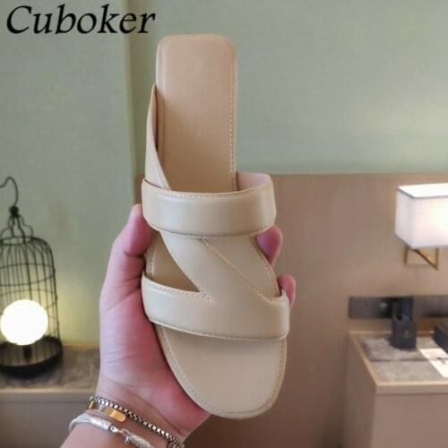 2021 Luxury Brand Summer Women Flat Slippers Peep Toe Genuine Leather Slides Runway Party Dress Women Shoes Sandalias Mujer