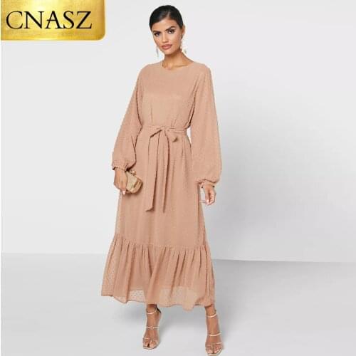 Latest Modern Fashion Ruffle Polka Islamic Clothing Kaftan With Lining Women Muslim Maix Casual Dress Abaya