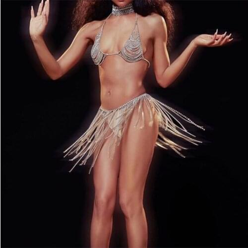 Woman Luxurious Full set Bras Short skirt Body jewelry Shining Rhinestone Dance Model DJ Fashion sexy Underwear perform wholesal