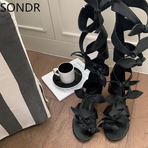 Knee High Sandals Flats Lace Up Gladiators Roman Shoes Bowtie BowKnot Retro Women 100% Real Leather Hollow Out Summer
