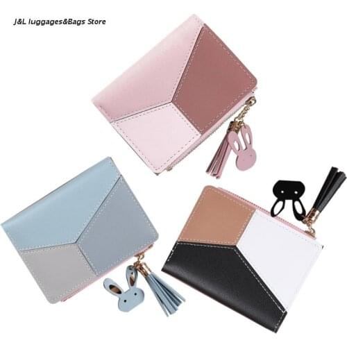 M68C Womens Short Small Wallet Ladies PU Leather Zipper Coin Card Holder Patchwork Money Purse Mini Handbag