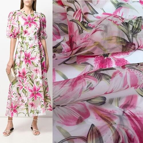 145cm Width Fashion Pink Lily Flower Printed Polyester Organza Fabric For Woman Dress Blouse DIY Cloth Sewing Material