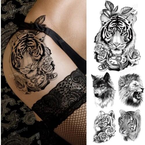 Animal tattoo designs men women body art waterproof temporary tattoos big tiger rose lion king wolf fox tattoo fake black sexy