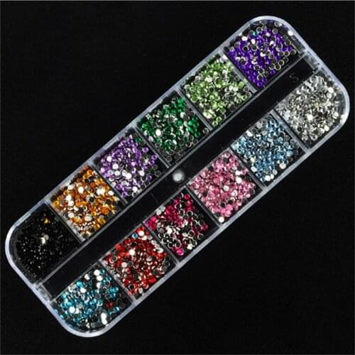 12 Colors 1200Pcs/lot Round Rhinestones Hard Case Nail Art Tips Stickers Acrylic Uv Gel Nail Decal Decor Makeup Tool 2MM