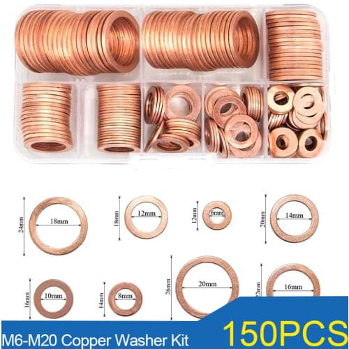 150Pcs Copper Washer Oil Seal Gasket Flat Ring Seal Assortment Kit with Box //M6/M8/M10/M12/M14/M16/M18/M20 for Sump Plugs