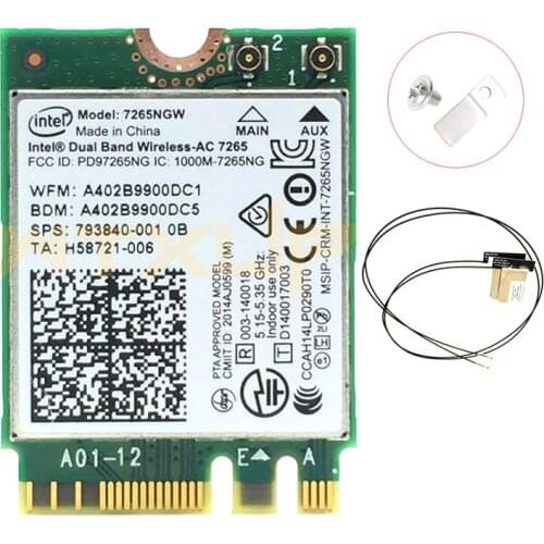 300 + 867Mbps Wireless Adapter 7265 7265NGW NGFF M.2 Wlan Card Wifi Network Card with Antenna Bluetooth 4.0 802.11ac 2.4G/5GHz