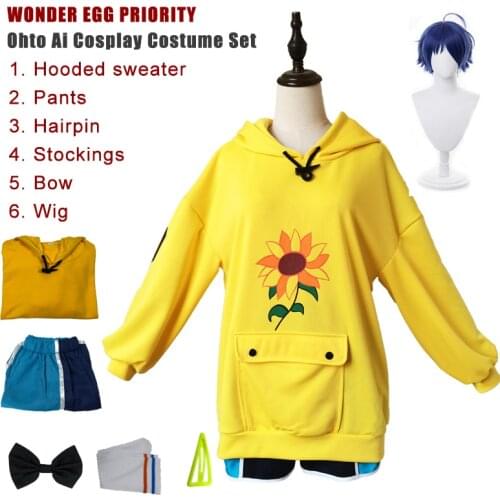 Wonder Egg Priority Ohto Ai Cosplay Yellow Hoodies Sweatshirt Pants Wig Womens Panties Underwear Girl Anime Clothes Sportswear