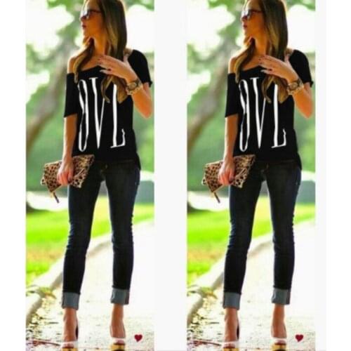 Womens New Summer Fashion T-shirt Oblique Collar Off-shoulder Short-sleeved Loose LOVE Letter Printing Trend T-shirt