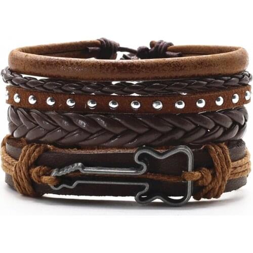 Guitar Khaki Cross Wooden Beads Rope Wrap Woven Rivet Black Feather Leather Men Bracelets Women Fashion Bangle male Jewelry