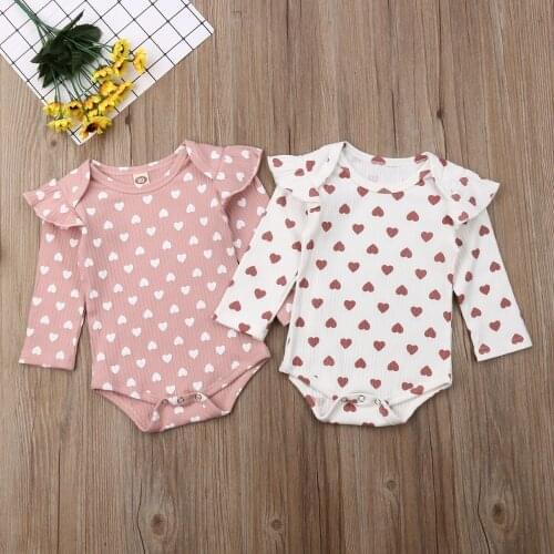 Baby Spring Autumn Clothing Newborn Kids Baby Girls Ribbed Clothes Ruffle Hearts Jumpsuit Fly Long Sleeve Bodysuit Outfit