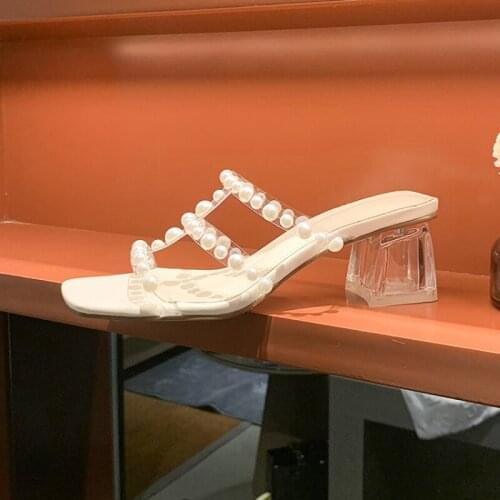 Korea Casual PVC Pearls Transparent Womens High Heel Slipper Mules Slip On Sandals Chunky Square Toe Summer Party Dress Shoes