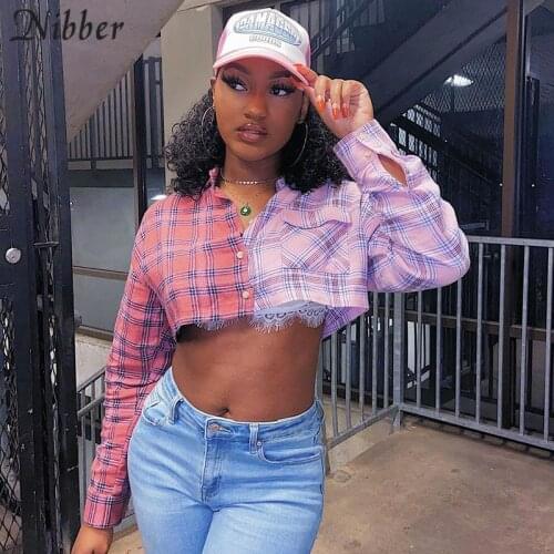 Nibber College Style Stitching Contrast Color Long-sleeved Plaid Short Top 2021 Autumn Women Fashion High street Streetwear Wear