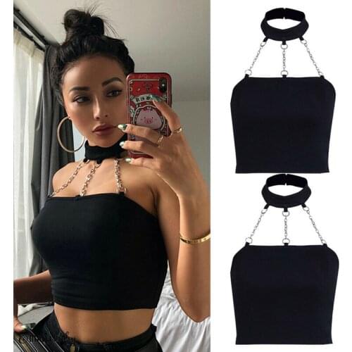 Sexy Punk Style Choker Halter Crop Top Women Fashion Slim Fit Club Fashion Black Camis Buckle Tops Summer Tank Tops Streetwear