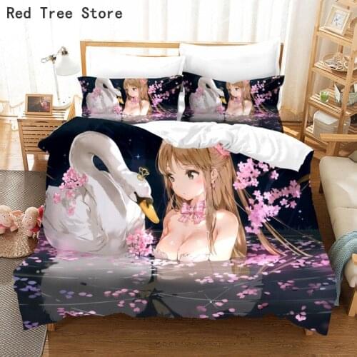 Microfiber Comforter Bedding Set Fairy Girl and White Swan Printed Duvet Cover Kids Woman Lady Bed Linen Luxury Quilt Bedspread