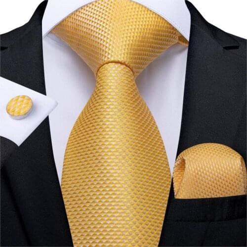Fashion Men Tie Yellow Solid Silk Wedding Tie For Men Hanky Cufflink Gift Tie Set DiBanGu Fashion Design Business Party MJ-7288