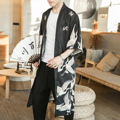 Mens Kimono Fashion Jackets Long Cardigan Traditional Japanese Yukata Outerwear Haori Coats Male Casual Overcoats