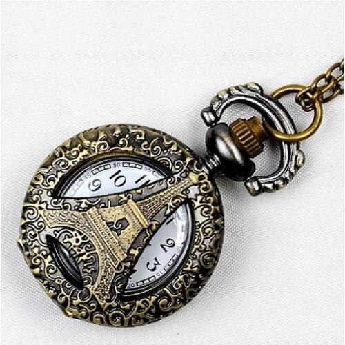 Small Bronze HOLLOWED EIFFEL TOWER POCKET WATCH Women Paris Vintage Fashion Jewelry