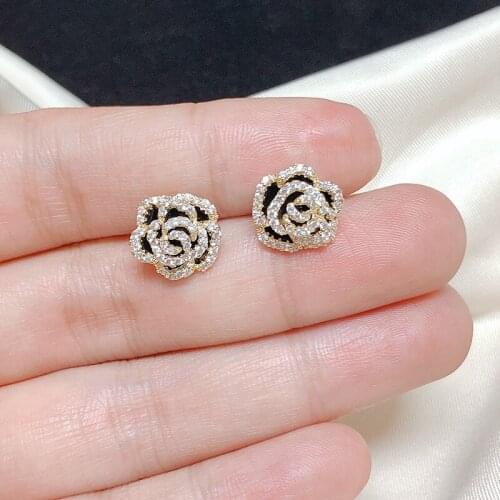 Delicate Cubic Zircon Vintage Black Flower Stud Earrings for Women 14K Gold Plated Camellia Earrings