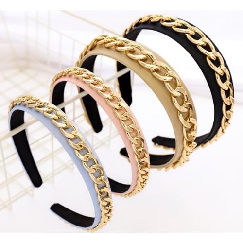 New Product Headband Fashion Solid Color Padded Metal Chains Headband Girls Hair Accessories Hoop Headwears