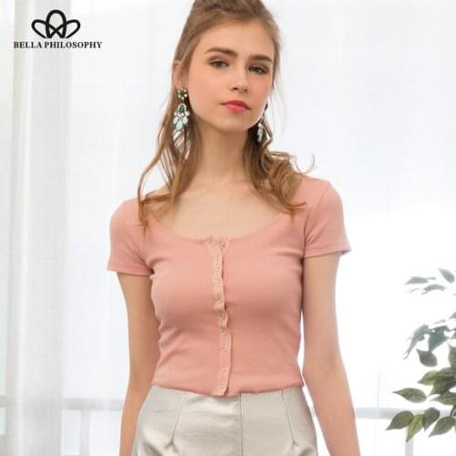 Single-breasted thread short-sleeved T-shirt spring summer the new womens low-necked cardigan Slim AA short paragraph