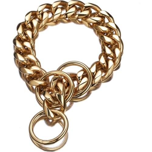 12-36" 13/15/19mm Wide Heavy 316L Stainless Steel Gold Tone Cuban Curb Link Training Choke Chain Pet Dog Collar For Big Dog