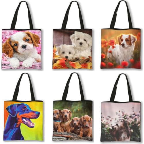 Lovely Flower Dog Print Customize Tote Bag Women Lady Fashion Fabric Girls Cute Kirky Folding Reusable Shopping Bag