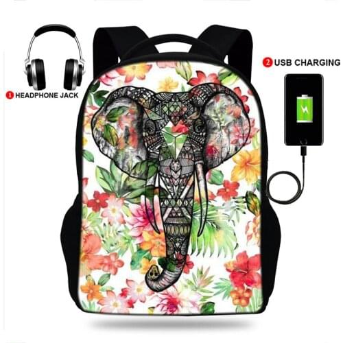USB Charging Backpack Animals Geometric Elephant Print Book bag School Bags Teenagers Boys& Girls Shoulder Mochila