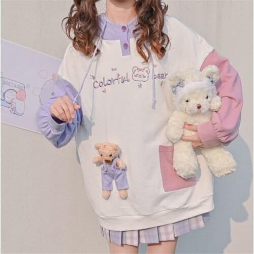Cute Patchwork Hoodie Girl With Bear Japan Funny Tops Autumn Fashion Winter Women Casual High Street Harajuku Gothic Sweatshirt