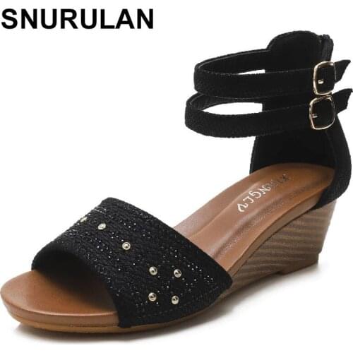 SNURULAN2021 Summer New Casual Fashion Lightweight Simple Lady Bohemian Back Zipper Open Toe Comfortable Ladies Wedge Sandals