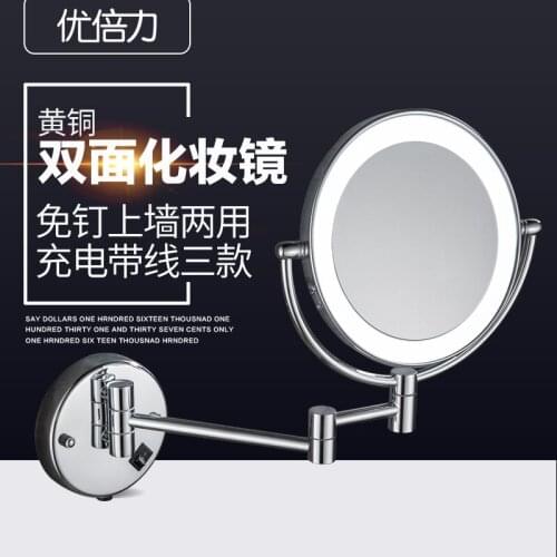 Hotel bathroom Led lamp telescopic mirror double-sided magnifying mirror, copper material, wall-mounted punch-free