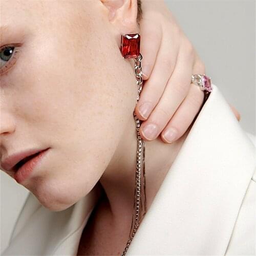 SRCOI Trendy Red Square Rhinestone Crystal Chain Drop Earrings Bohemian Long Tassel Earrings For Women Wedding Party Jewelry