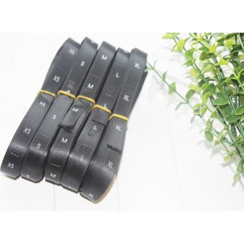 Stock roll 1.2*3.3cm satin polyester woven size labels black fabric white letters XS S M L XL XXL 500pcs lot