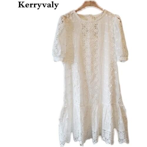 High-end Summer Three-dimensional Embroidery White Lace Dress Women Famous Style Short-sleeved Loose Fairy Princess Dress K3166