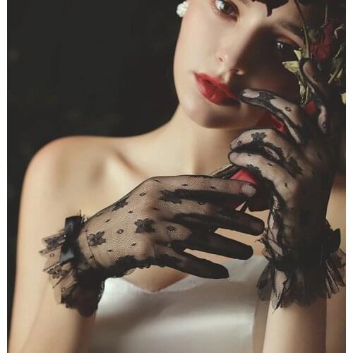 Women Lace Short Gloves Full Finger Floral Elegant Summer Lace Gloves Transparent Gauze Ruffle Trim Party Cream White