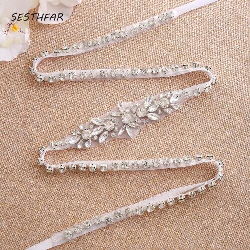 SESTHFAR Wedding Belt Thin Crystal Flower Bridal Sash Silver Rhinestone Bridal Belt For Wedding Dresses
