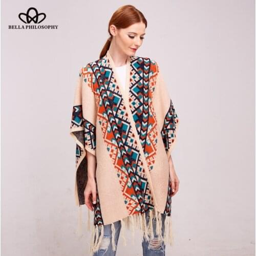 Bella Philosophy 2018 women autumn winter tribal ethnic knitting cardigan sweater warm shawl Fashion streetwear poncho cape