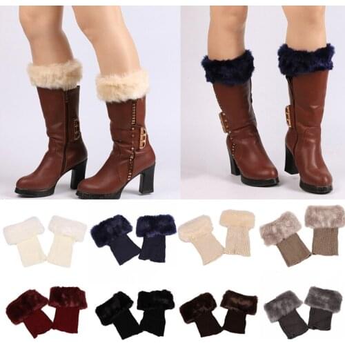 1 Pair Women Girls Winter Warm Crochet Knitted Boot Cuffs Topper Thicken Furry Plush Solid Color Stretchy Short Leg Warmers