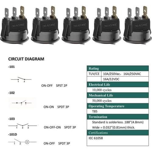 20Pcs 3 Pin 12V 20A Amps Car Truck Rocker Round Toggle LED Switch On-Off Control, Blue, Green, Yellow, Red