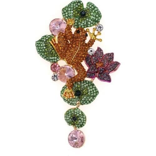 30pcs Gold-Tone Pond Lotus Flower Brooch Brown Green Rhinestone Crystal Frog Animal Brooch Pin