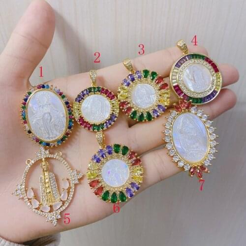 5Pcs/Lot Manufacturer Jewelry Custom Religion Shell CZ Round Guadalupe And Milagrose Pendants