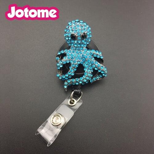 50pcs/lot Blue/red Rhinestone Octopus Pattern Blossom Decorated Retractable animal Badge Reel ID Holder