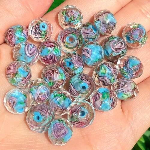 10mm Murano Faceted Blue Flower Lampwork Beads for Bracelet Making Women Diy Accessories Round Glass Large Beads Wholesale