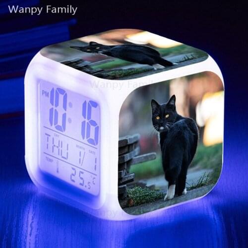 Black Cat Alarm Clocks Glowing LED 7 Color Change Digital Alarm Clock For Kids Room Multifunction Touch Sensitive Alarm Clock