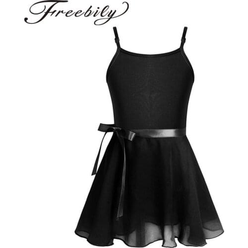 Kids Girls Cotton Adjustable Spaghetti Shoulder Straps Ballet Dance Gymnastics Leotard with Chiffon Tied Skirt Outfit Set SZ3-14