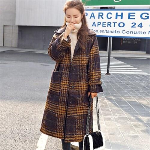 Long Section Woolen Coat Female 2019 Autumn Winter Fashion New Thin Single-Breasted Long-Sleeved Plaid Coat Tide HHH00134