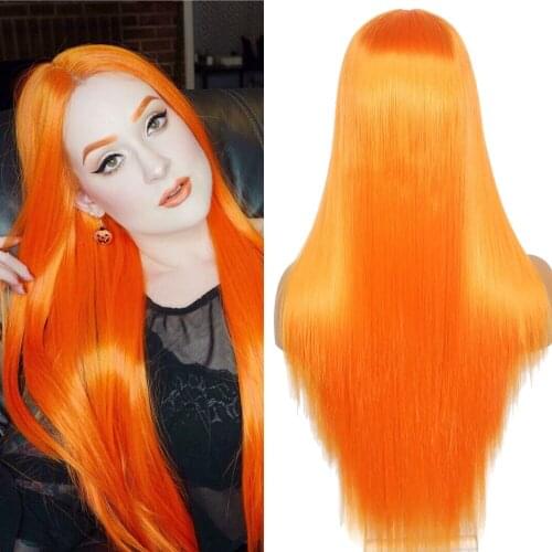 Long Straight Orange Synthetic Lace Wig T Middle Parting Daily Wigs for Women Cosplay Party Drag Queen Heat Resistant 24inches