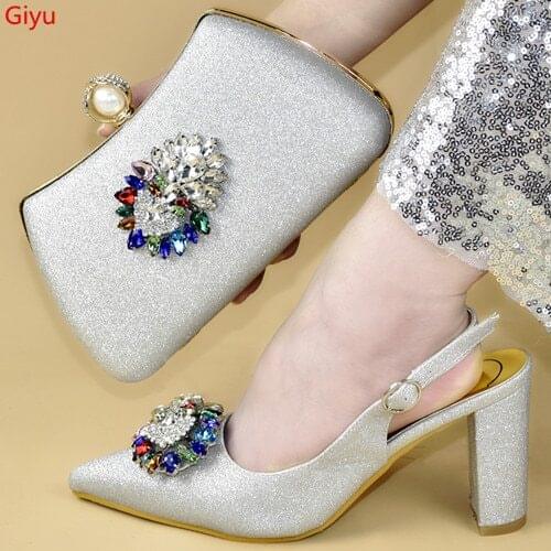 Doershow Italian Shoes With Matching Bags Set Italy African Womens Party Shoes and Bag Sets silver Color Women shoes! HVZ1-16