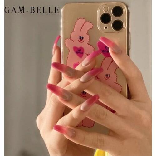 GAM-BELLE 24Pcs/Box False Nails Nude Rose Red Gradient Long Ballet Fake Nails Decoration Tips Full Beauty Artificial False Nails