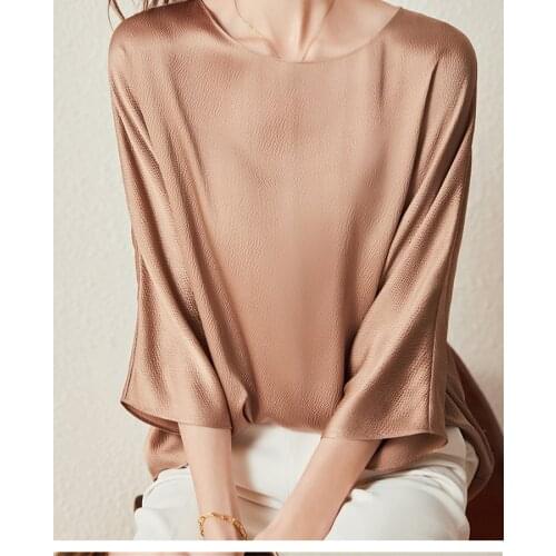 Graceful 6A Mulberry Silk Blouse Elegant Shirt Top Round Neck Solid Color Printing Thin Top Shirt Real Silk Shirt Women Blo