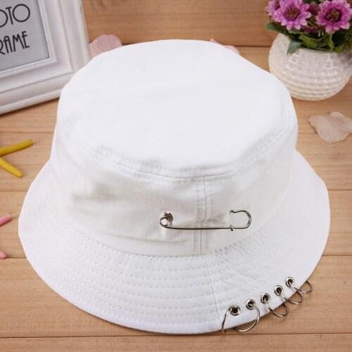 Solid Color Iron Pin Rings Personality Bucket Hat Cap Cotton Fishermen Caps For Unisex Women Men